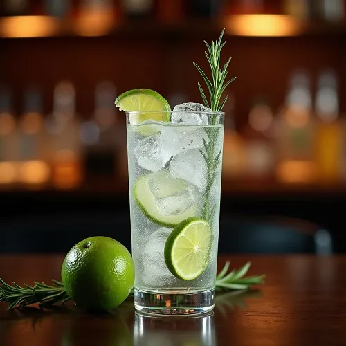 Cóctel de Gin Tonic Sin Alcohol en vaso highball, alternativa sin alcohol a la bebida clásica.